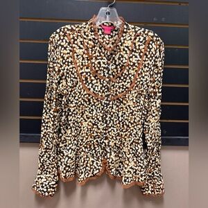 Sunny Leigh Brown Abstract Print Ruffle Trim Button Front Blouse Size L